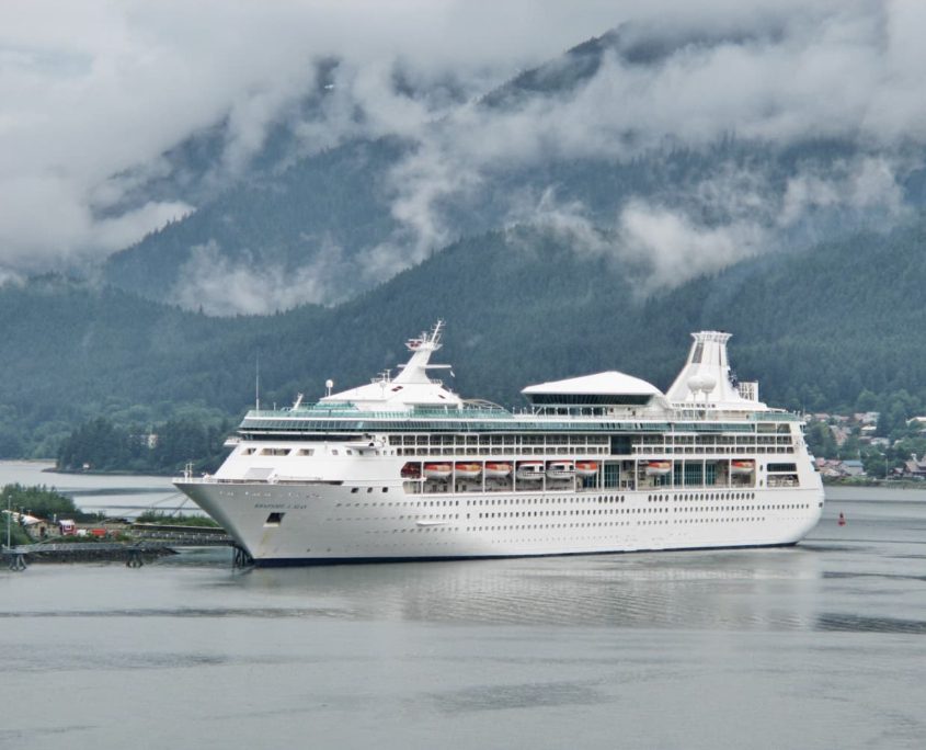 Cruise Ship in Port at Juneau, Alaska with Tongass National Forest in background